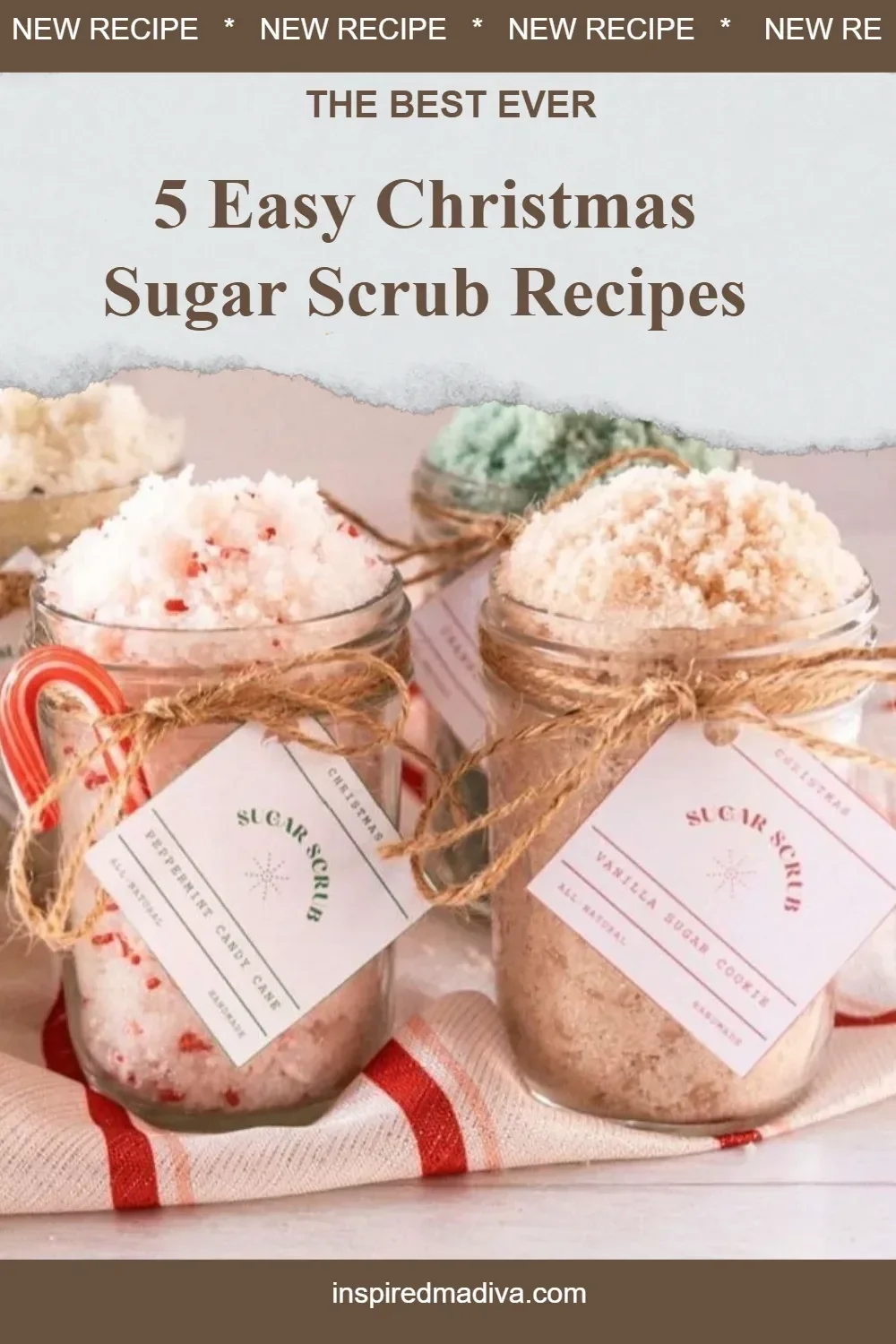 Homemade Christmas sugar scrub in festive jars with holiday decorations.