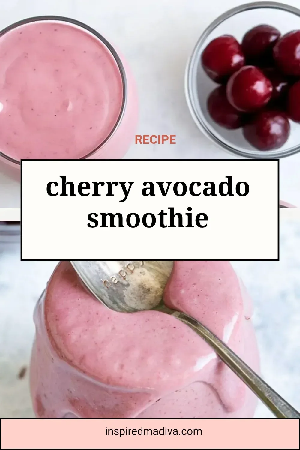 Cherry avocado smoothie in a glass with cherries and avocado on the side