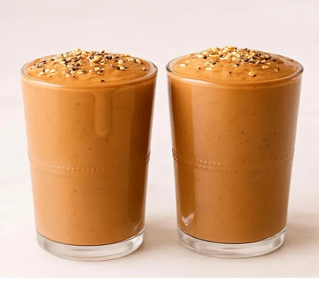 Delicious Chocolate Tahini Date Smoothies in a glass with toppings