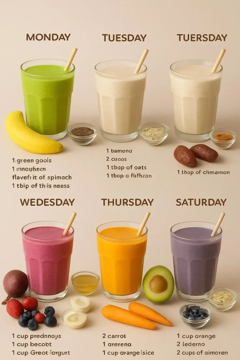 A colorful assortment of detox smoothies made with fresh fruits and vegetables.