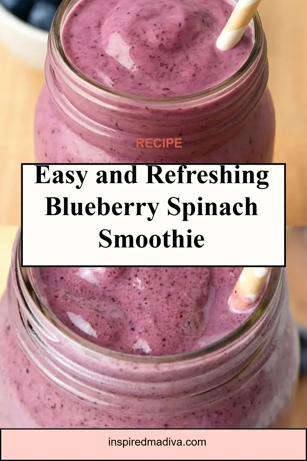 Delicious blueberry spinach smoothie in a clear glass with fresh ingredients around