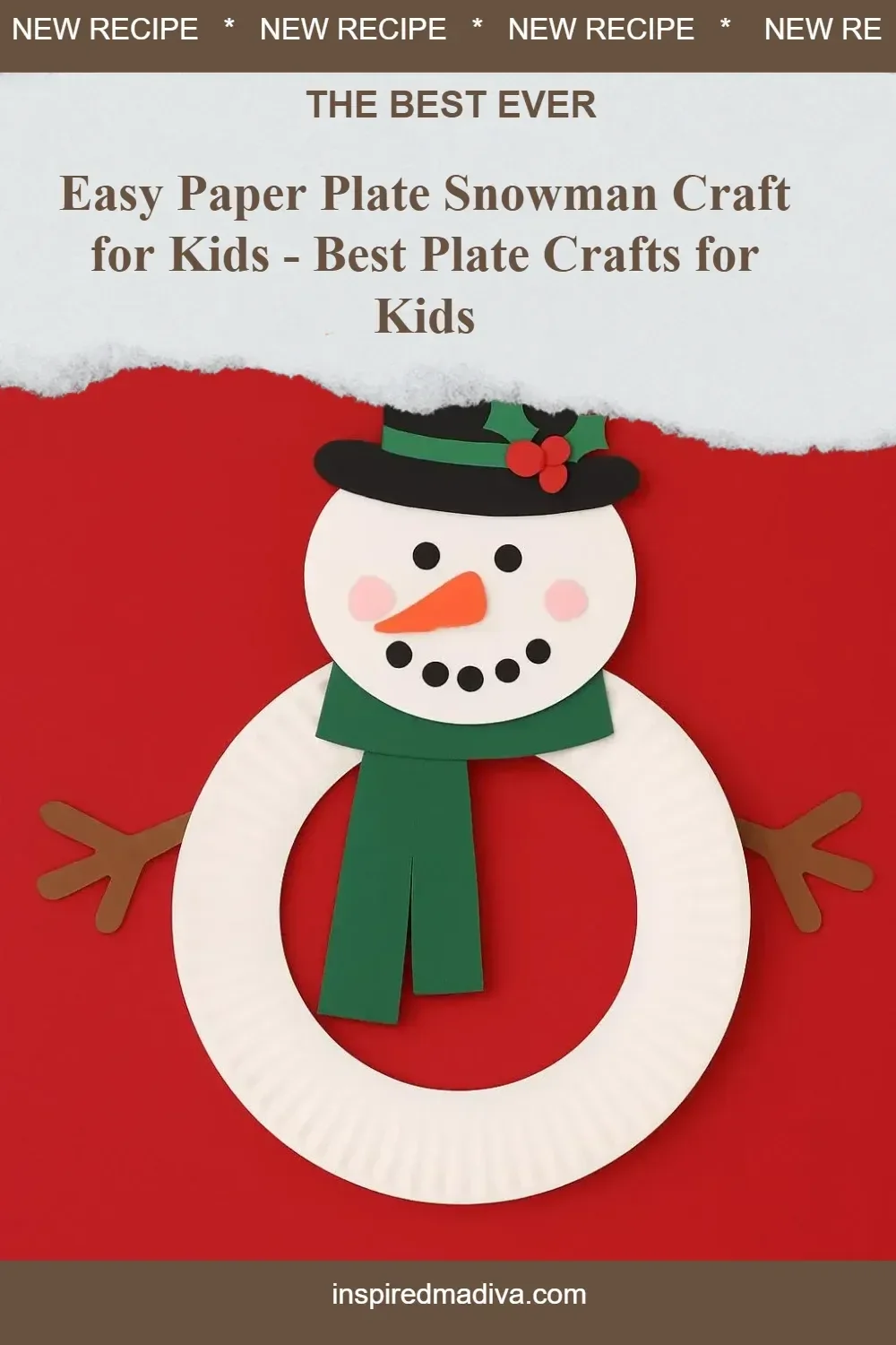 Kids' paper plate snowman craft decorated with buttons and a scarf.
