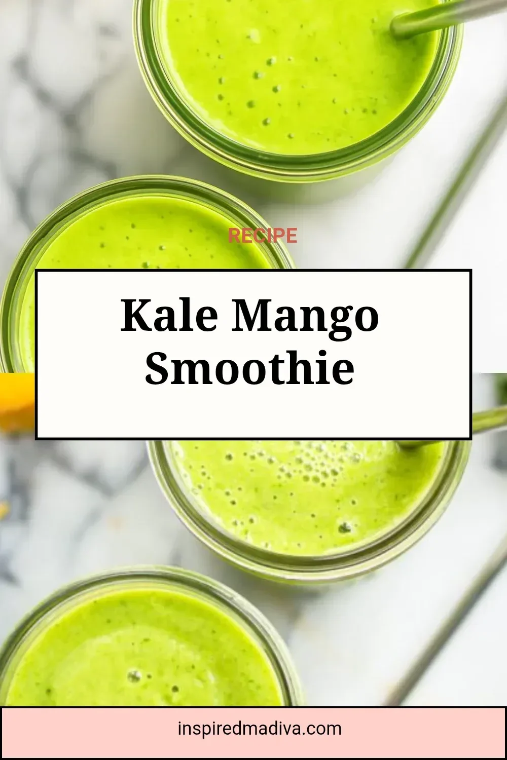 A vibrant Kale Mango Smoothie garnished with fresh mango and kale leaves.