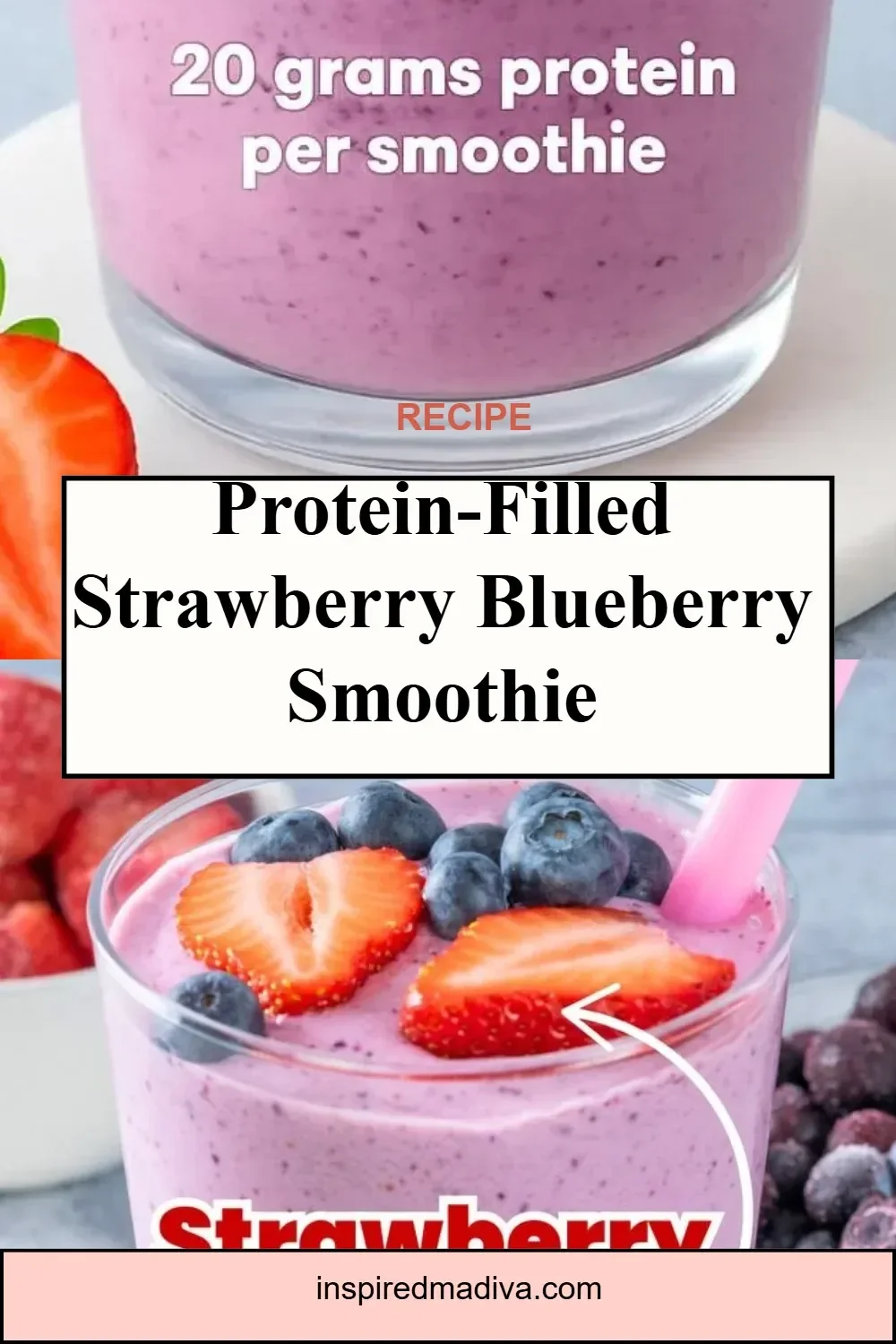 Protein-filled strawberry blueberry smoothie in a glass with fresh berries