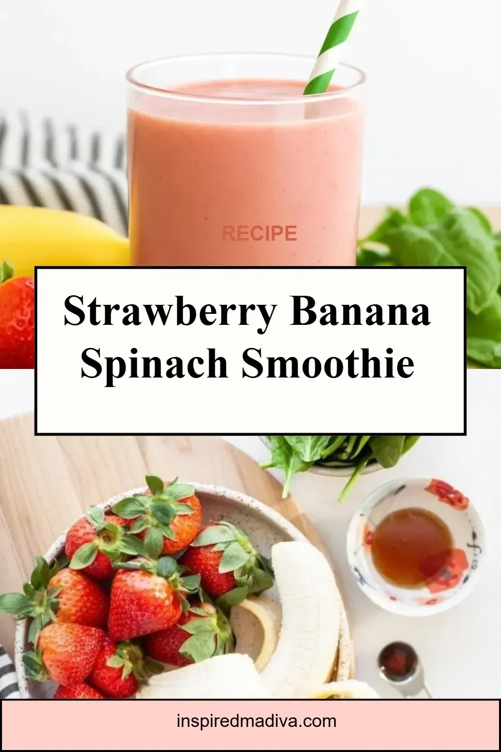 Delicious strawberry banana smoothie with spinach in a glass.