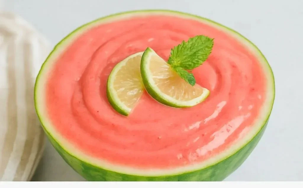 Delicious watermelon smoothie in a glass with mint garnish