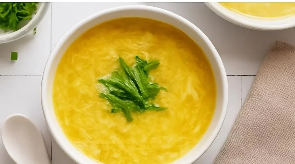 Bowl of 10-minute Chinese Egg Drop Soup garnished with green onions