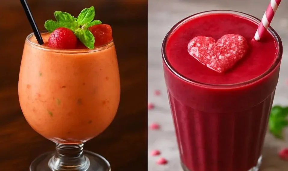 A vibrant array of Valentine's Day smoothies in heart-shaped glasses.