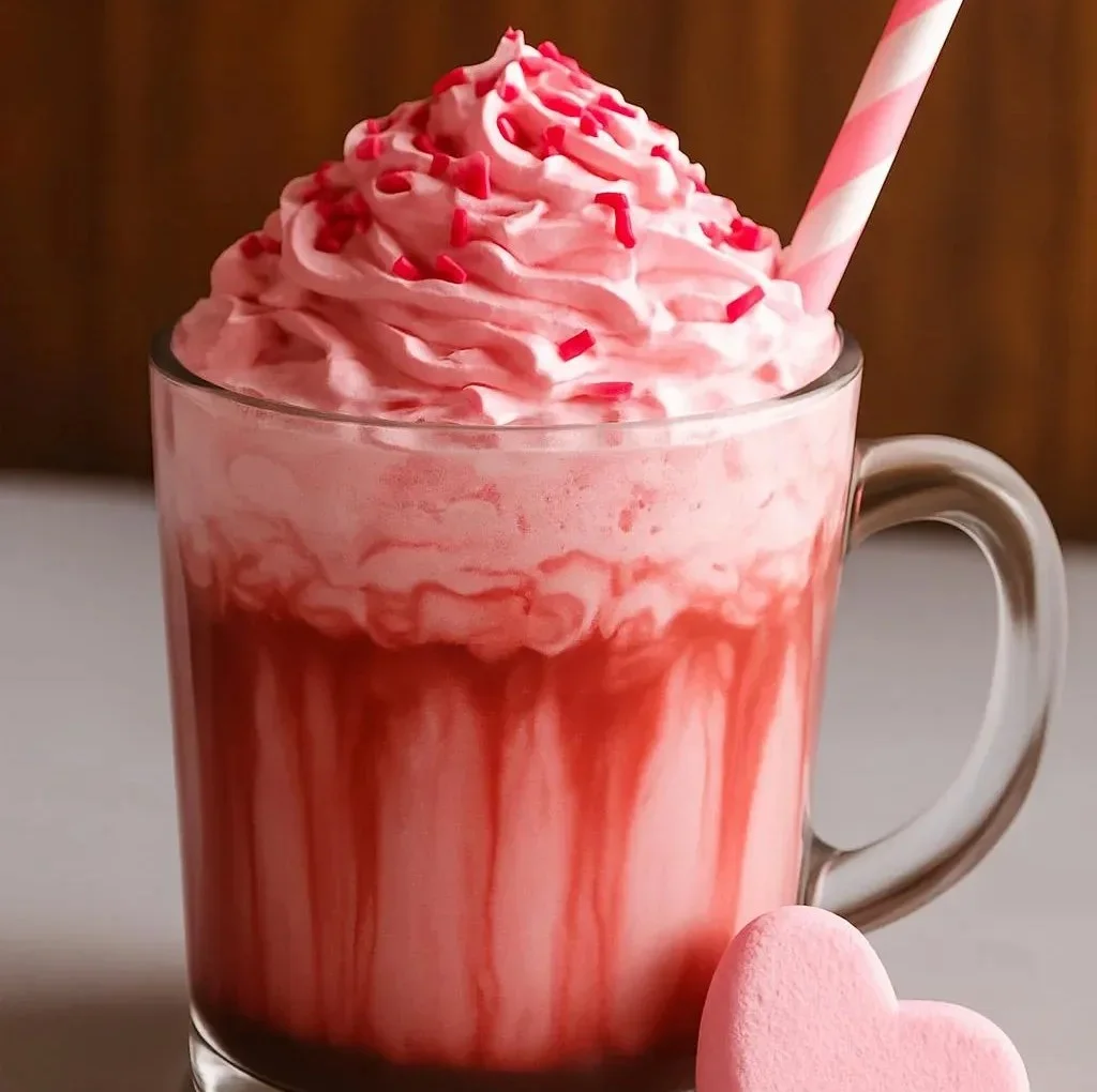 Heart-shaped latte art for Valentine's Day with various flavors and designs.