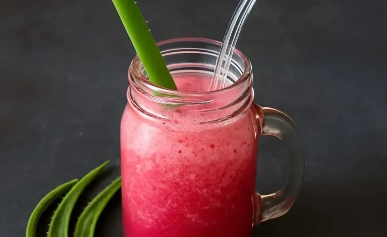 Aloe vera smoothie in a glass garnished with fresh fruits and mint leaves.