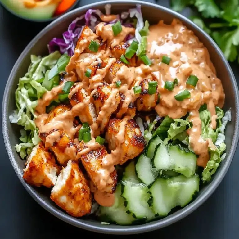 Delicious Bang Bang Chicken Bowl garnished with green onions and sesame seeds.