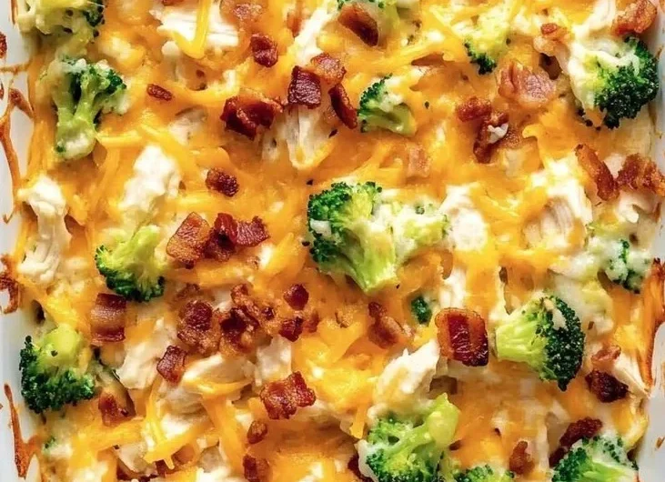 Creamy low carb chicken casserole served in a dish with fresh herbs