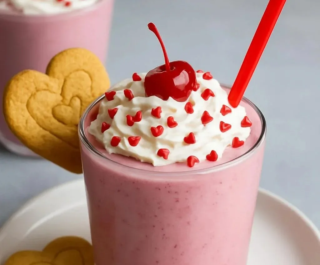 A refreshing Valentine smoothie in a heart-shaped glass, garnished with fruits.