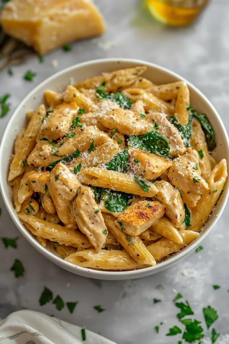 Healthy garlic parmesan chicken pasta dish served in a bowl with fresh herbs.