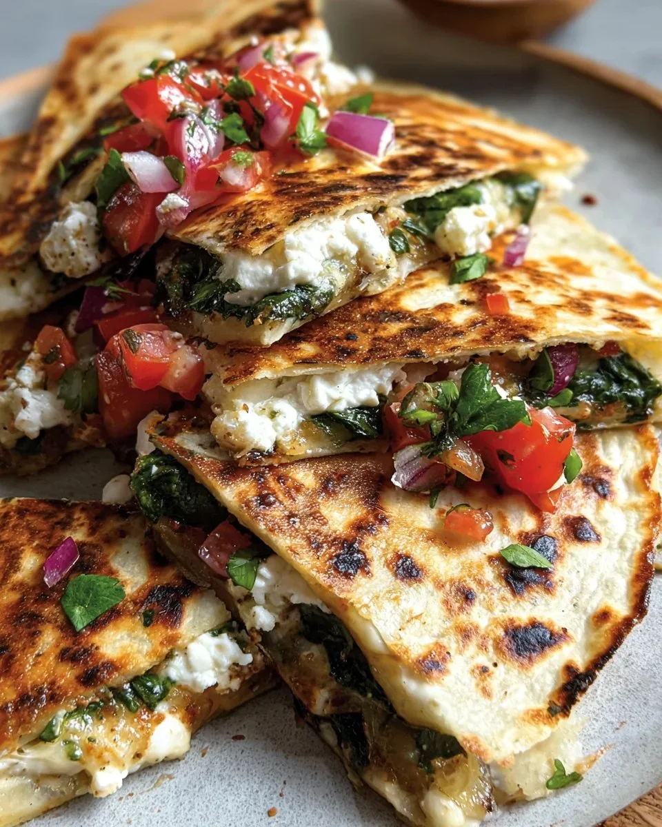 Mediterranean Quesadillas with Spinach, Feta, Mozzarella, and Red Onion