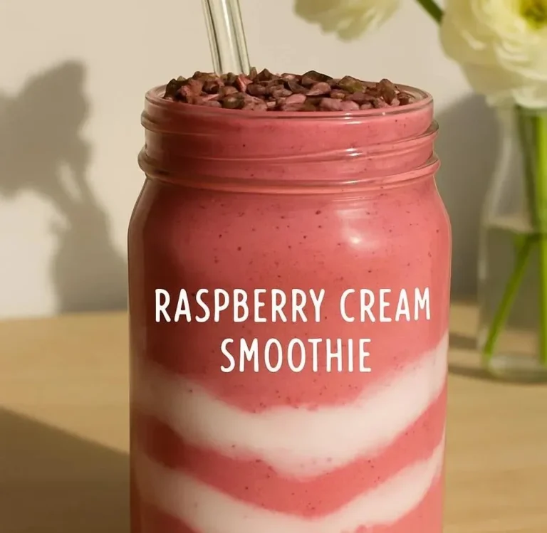 Delicious Raspberry Cream Smoothie in a glass with fresh raspberries