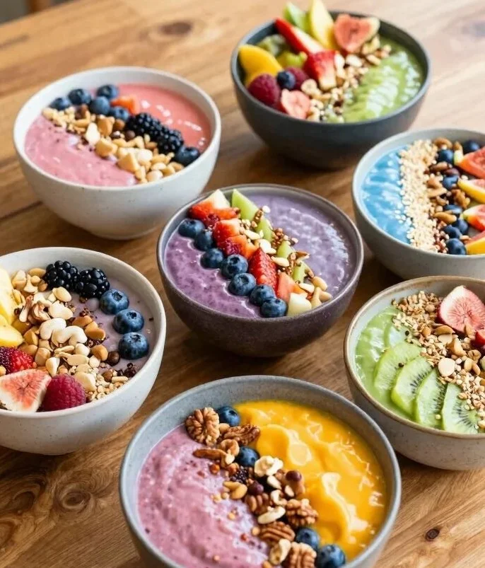 Colorful smoothie bowls topped with fresh fruits and nuts