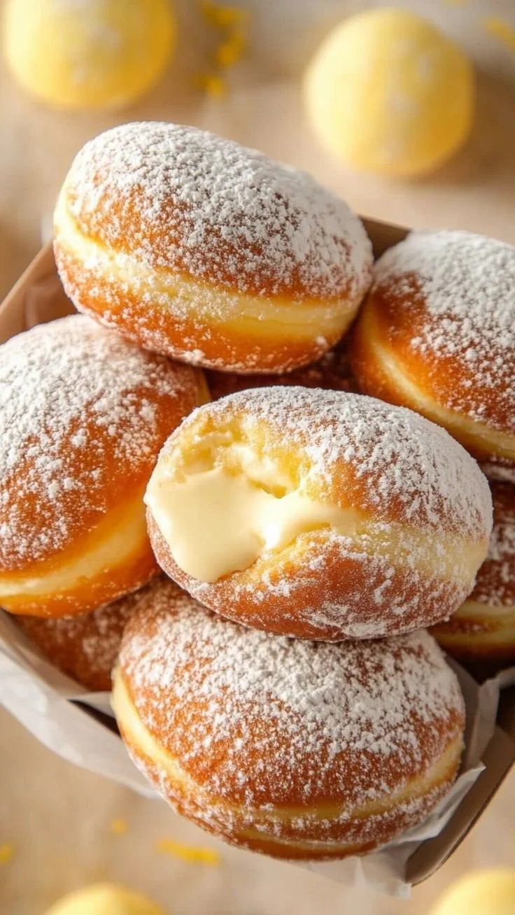Freshly made Bomboloni - traditional Italian doughnuts filled with sweet cream