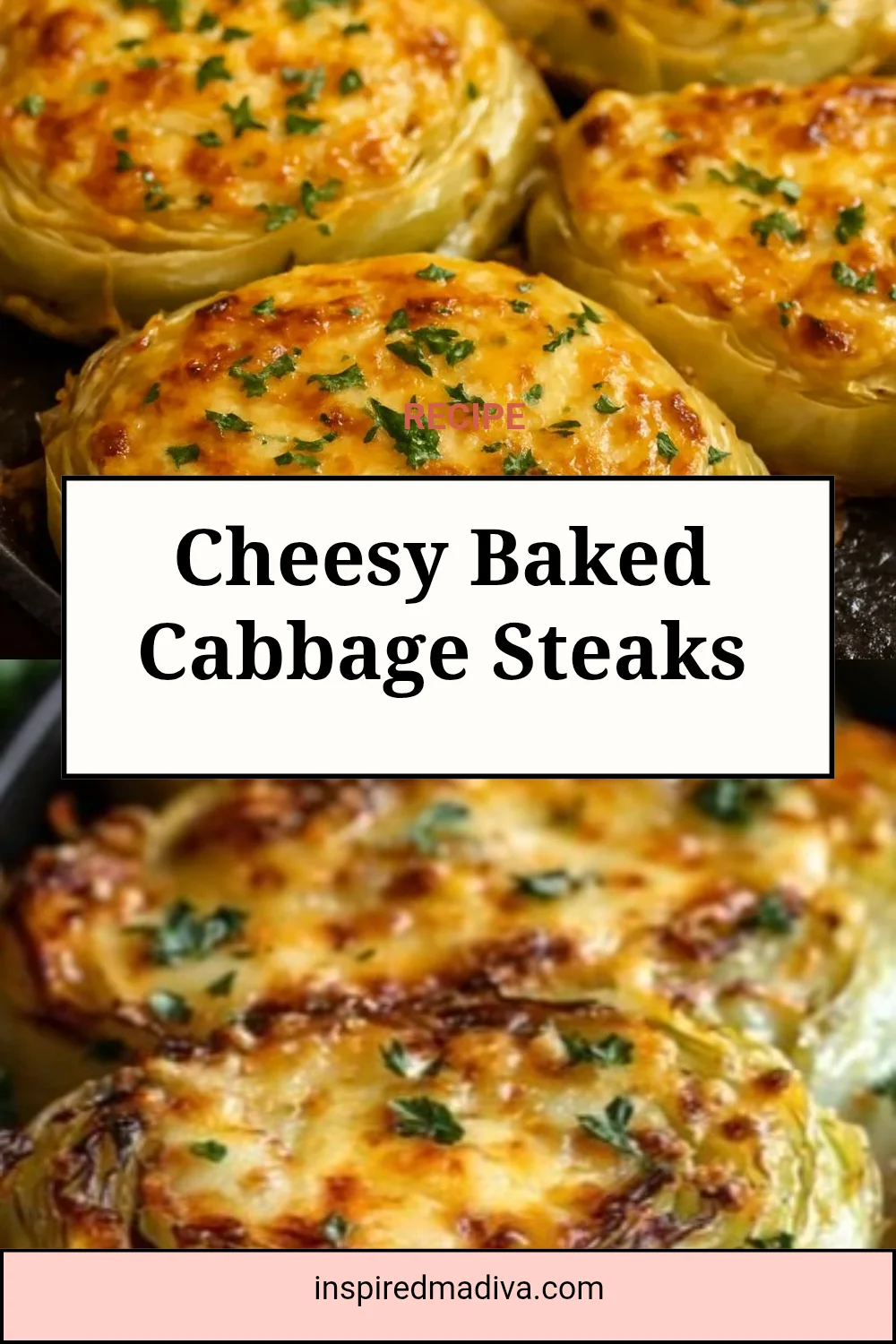 Cheesy baked cabbage steaks on a plate, garnished and ready to eat.