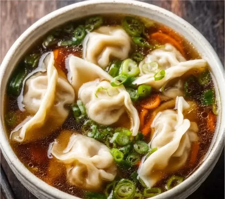 Bowl of comforting potsticker soup with beef, vegetables, and dumplings