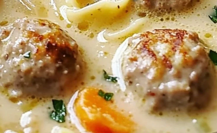 Bowl of cozy Swedish meatball soup with herbs and spices