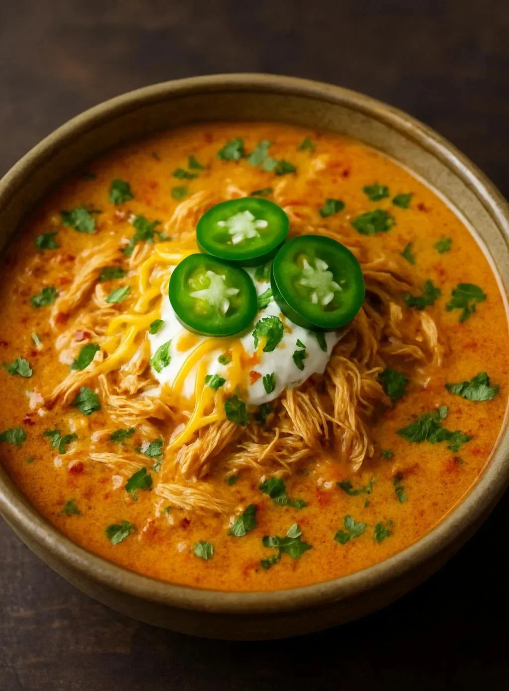 Bowl of creamy chicken enchilada soup topped with cilantro and cheese