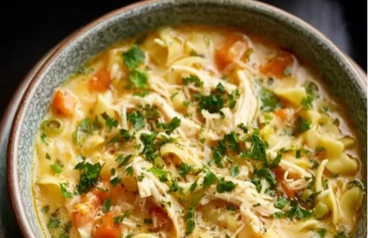 Bowl of creamy crack chicken noodle soup topped with herbs.