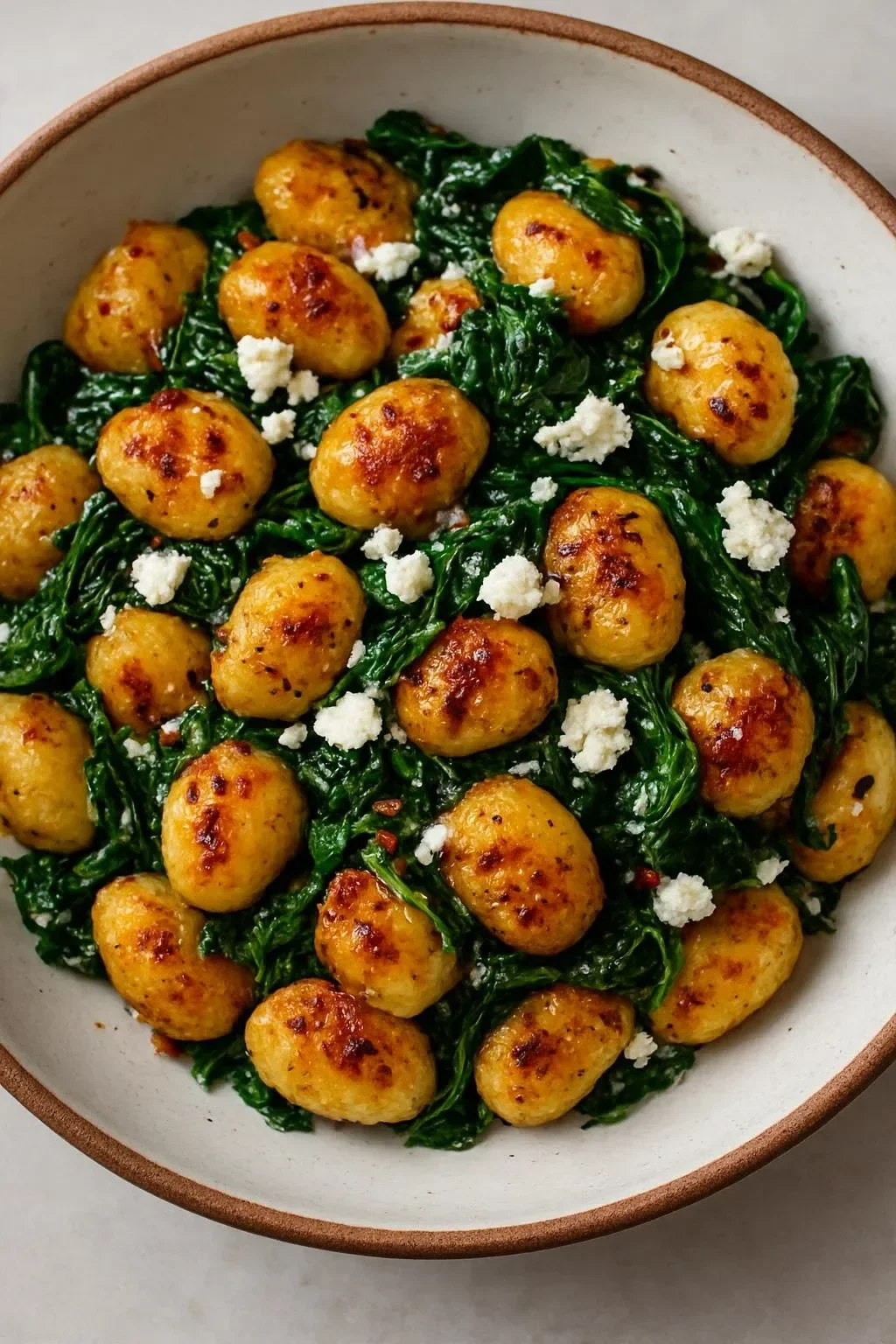 Creamy gnocchi dish with spinach and feta served in a bowl