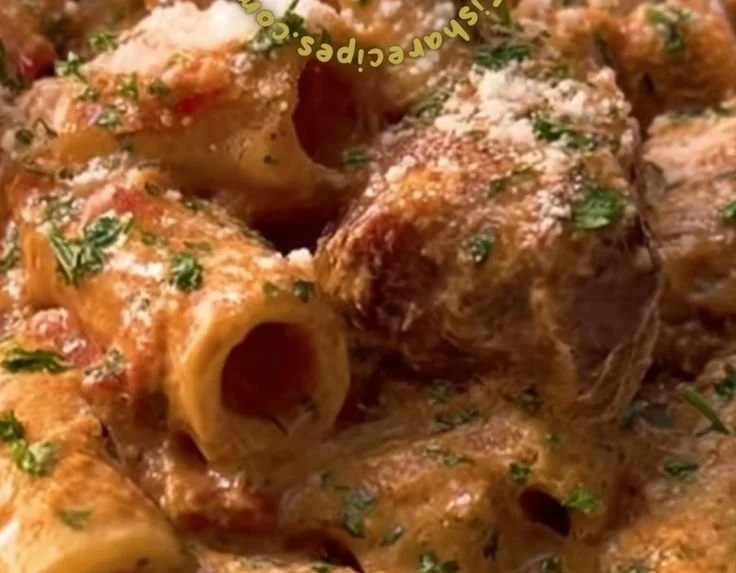 Creamy meatball pasta dish served in a bowl, garnished with parsley