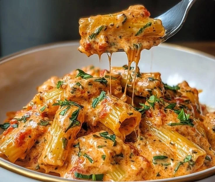 Creamy tomato garlic pasta topped with fresh herbs and cheese.