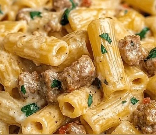 Creamy Italian sausage rigatoni served in a bowl with garnishes