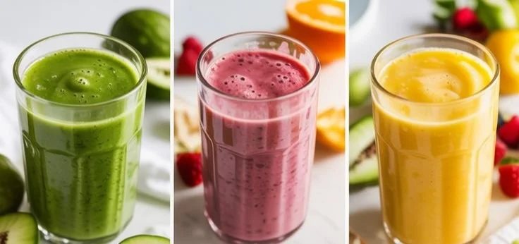 Colorful fat-burning smoothies in glasses, perfect for weight loss and satisfying meals.