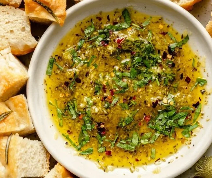 Garlic Olive Oil Dip served with fresh bread for dipping
