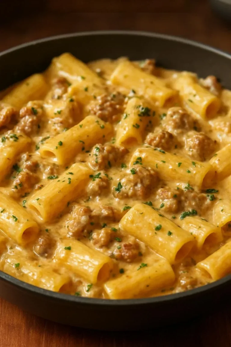 Creamy Italian sausage rigatoni served in a bowl with fresh herbs