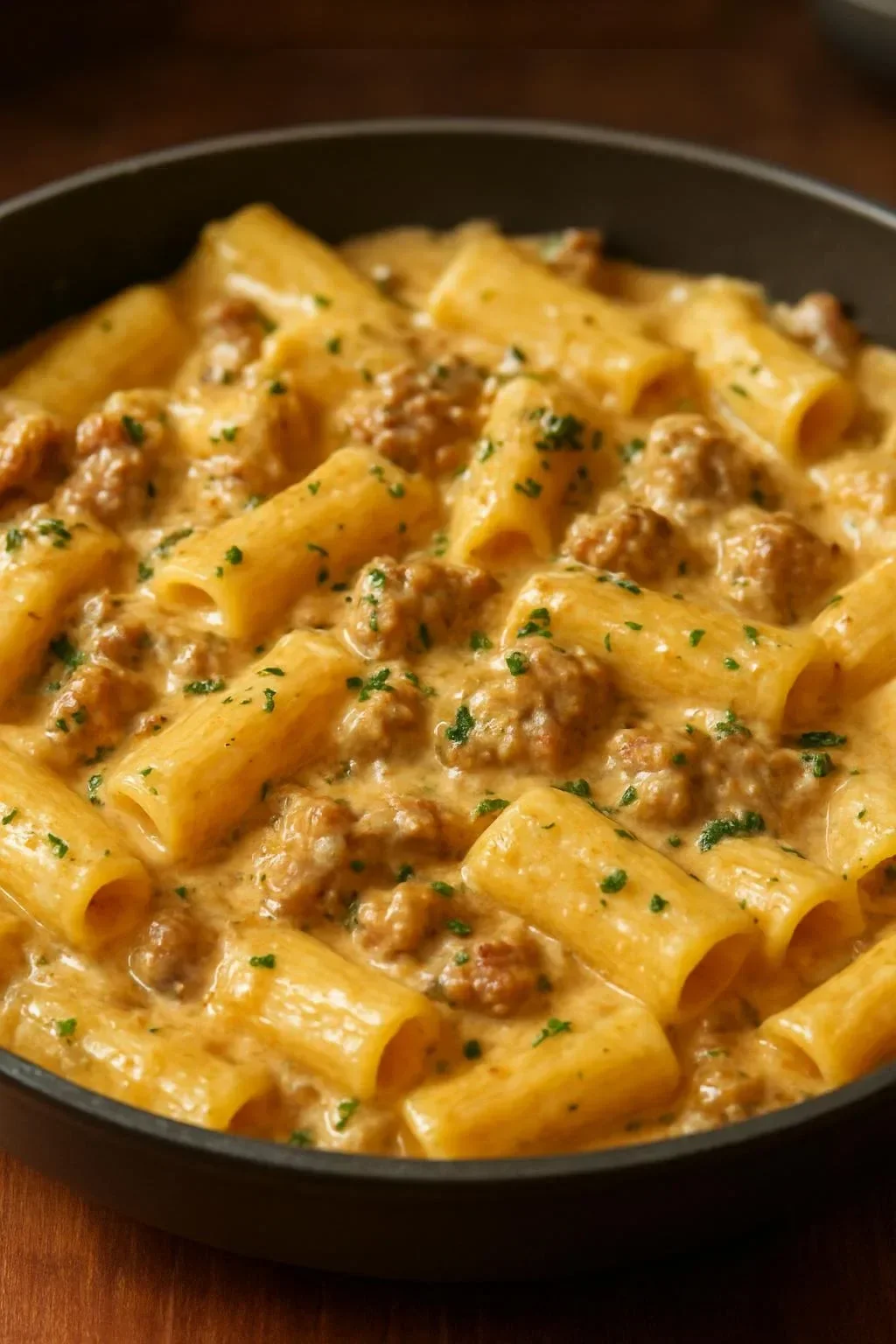 Creamy Italian sausage rigatoni served in a bowl with fresh herbs