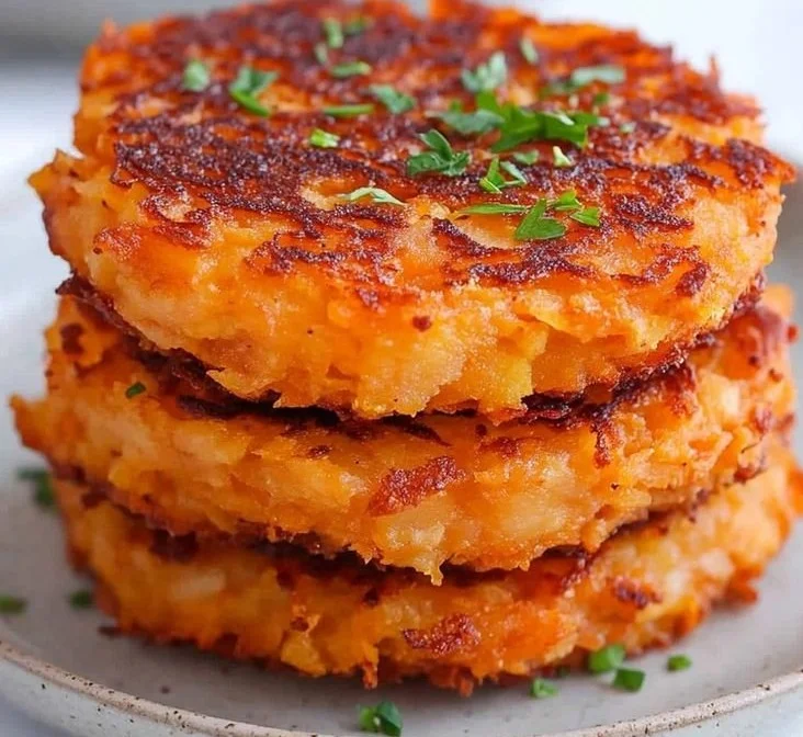 Healthy sweet potato hash browns served on a plate with fresh herbs