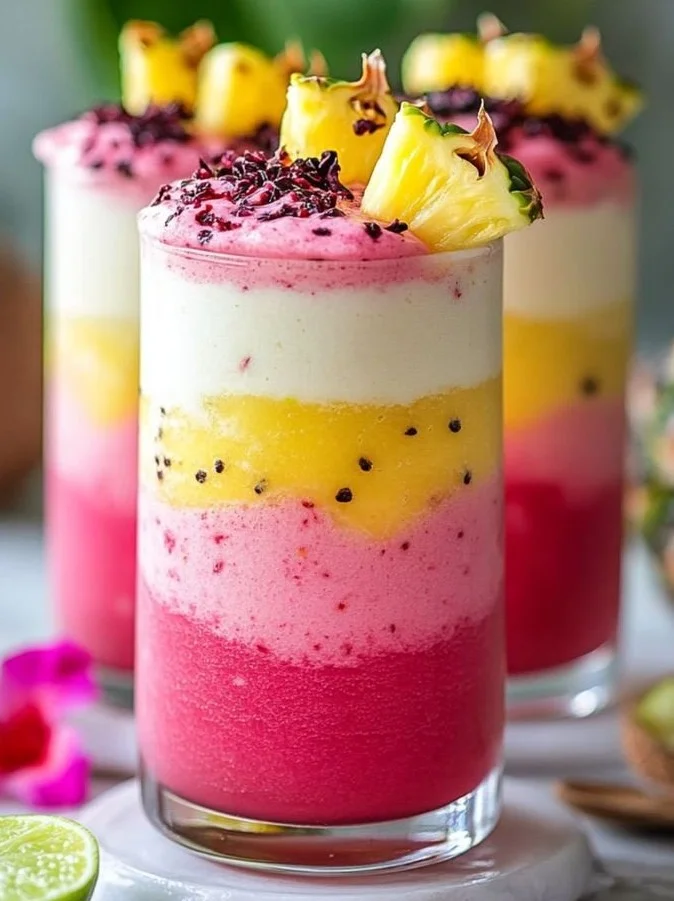 Hibiscus Tea Pineapple Smoothie garnished with fresh fruit, in a glass.