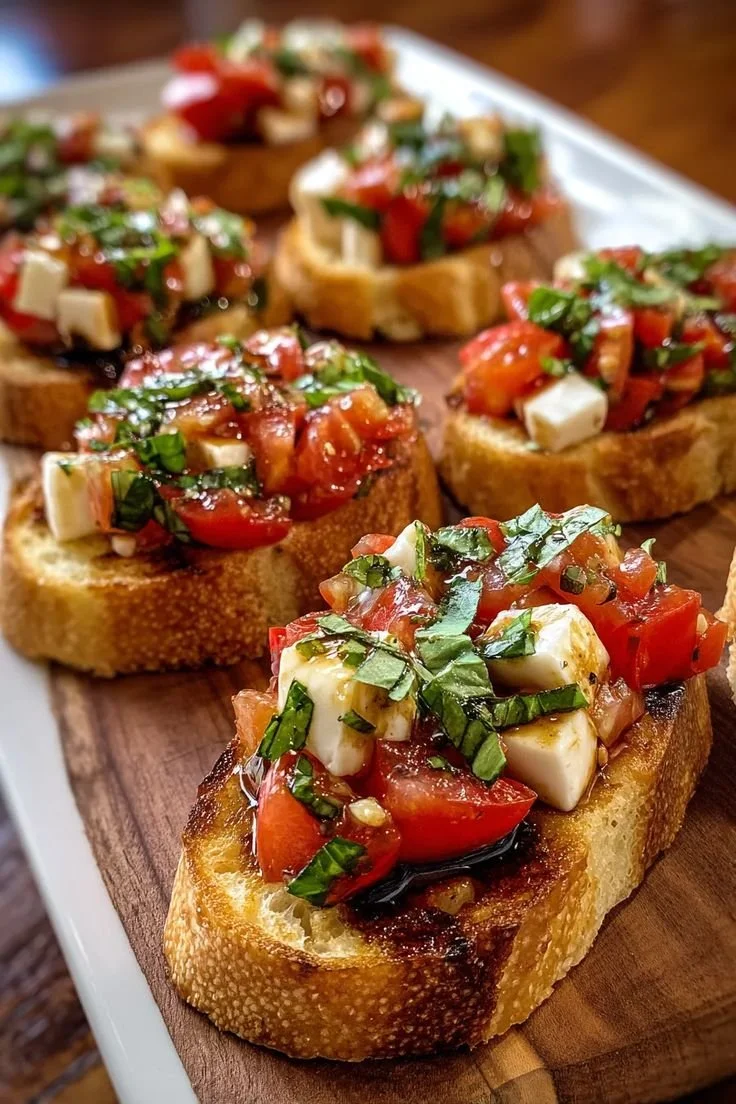 Delicious Italian bruschetta topped with mozzarella and fresh tomatoes.