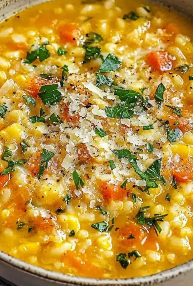 Bowl of Italian Penicillin Soup garnished with herbs and vegetables.