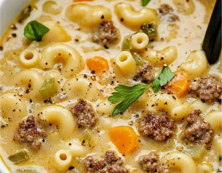 Delicious Mac & Cheese Burger Soup served in a bowl topped with cheese and herbs