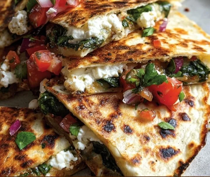 Mediterranean Quesadillas with Spinach, Feta, Mozzarella, and Red Onion