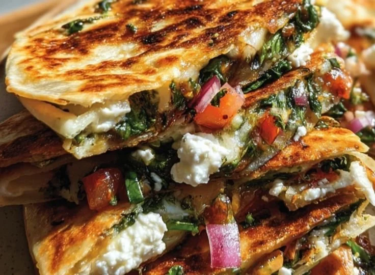 Mediterranean Quesadillas with Spinach, Feta, Mozzarella, and Red Onion