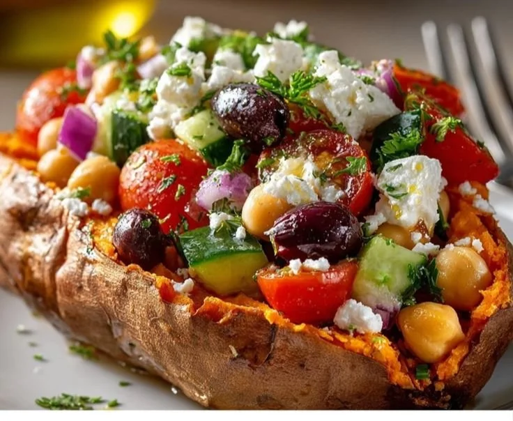 Mediterranean stuffed sweet potatoes topped with fresh ingredients.