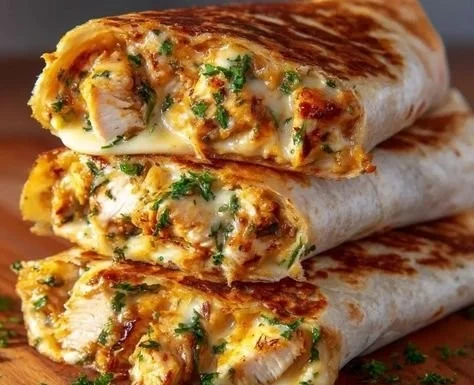 Cheesy garlic chicken wraps with melted cheese and fresh herbs on a plate.