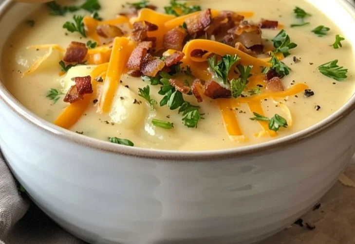 Bowl of Outback potato soup topped with green onions and crumbles
