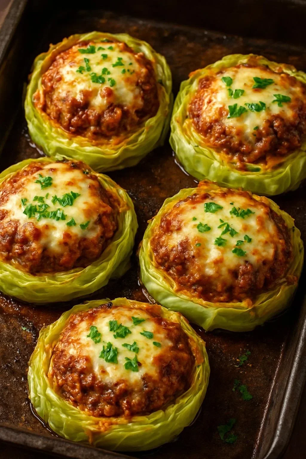 Oven-baked cabbage burgers served on a plate with toppings.