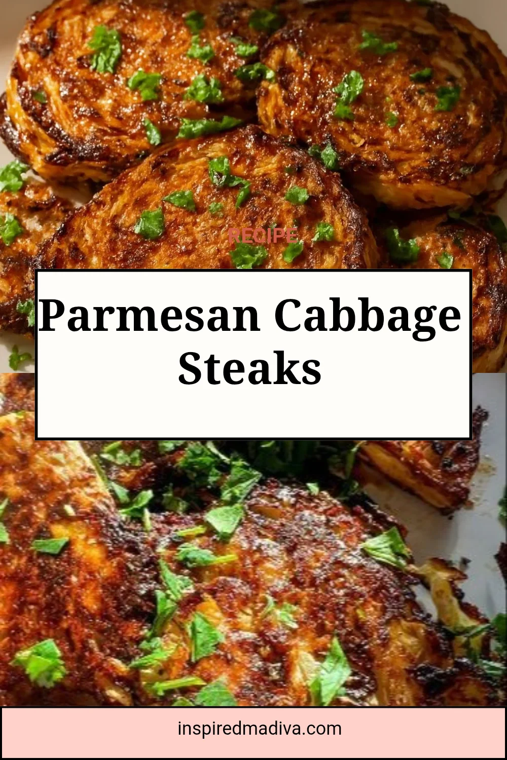 Parmesan Cabbage Steaks garnished with herbs on a wooden plate
