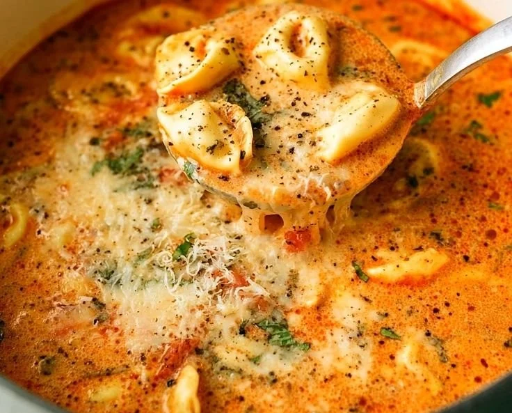 Bowl of Parmesan Tomato Tortellini Soup with fresh herbs and cheese garnish