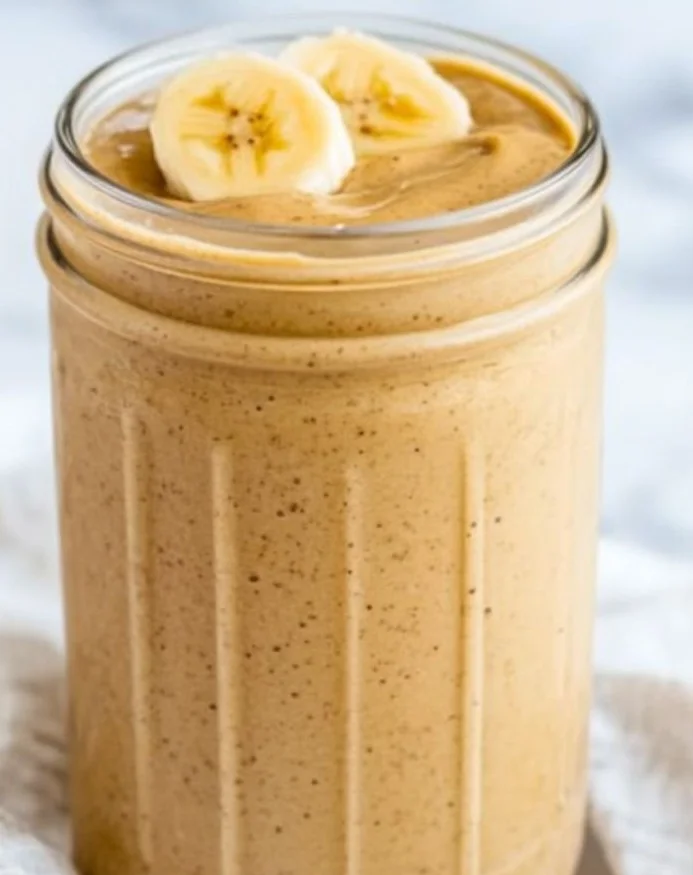 Delicious Peanut Butter Banana Smoothie in a glass with fresh ingredients