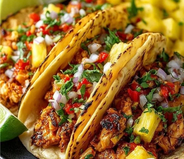 Delicious Pineapple Chicken Tacos served with fresh toppings and vibrant colors.